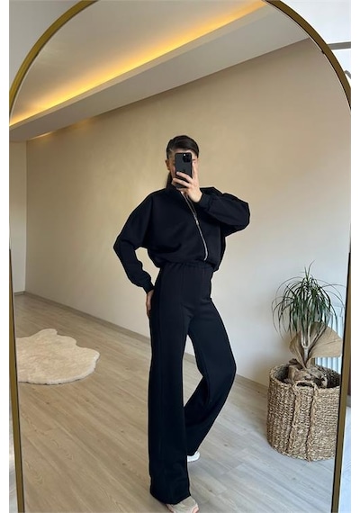 Neşeli Butik Kadın Fermuarlı Oversize Sweat Ve Yüksek Bel Eşofman Takımı Nm018 Siyah