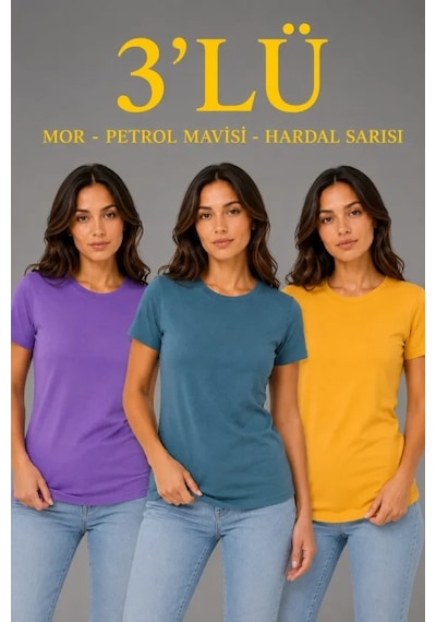 Hazego 3 Lü Kısa Kollu Bisiklet Yaka Basic Slim Fit T-shirt - Mor - Petrol Mavisi - Hardal Çok Renkli
