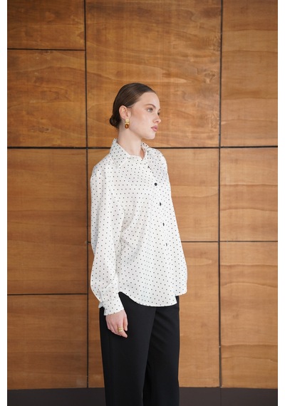 Verymoda Puantiyeli Saten Gömlek - F2076 Krem