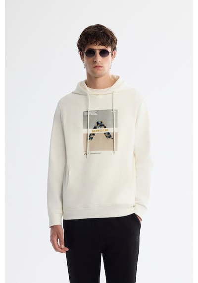 Avva Erkek Ekru Kapüşonlu Pamuklu Baskılı Elastan Regular Fit Sweatshirt A42y1321