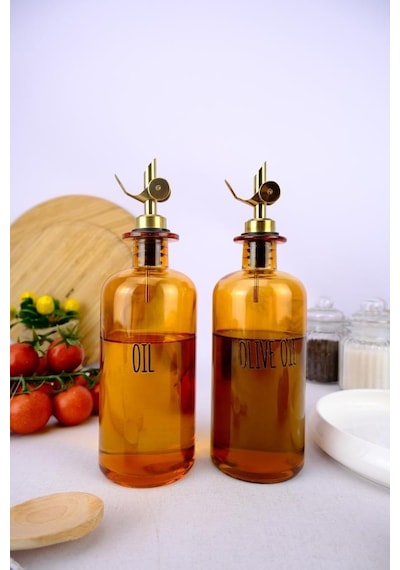 Digithome 2'li Zeytinyağı Ve Sıvıyağ Şişesi Otomatik Kapaklı Etiketli Yağdanlık Amber 500 Ml I/8 C1-1-289