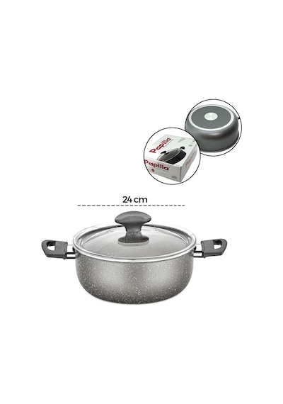 Granit Derin Tencere 24 Cm Cam Kapak Gri Kırçıllı Açık Gri