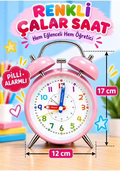 Eğitici Ve Eğlenceli Renkli Çalar Saat Pilli, Metal Gövdeli Çocuk Saati Pembe