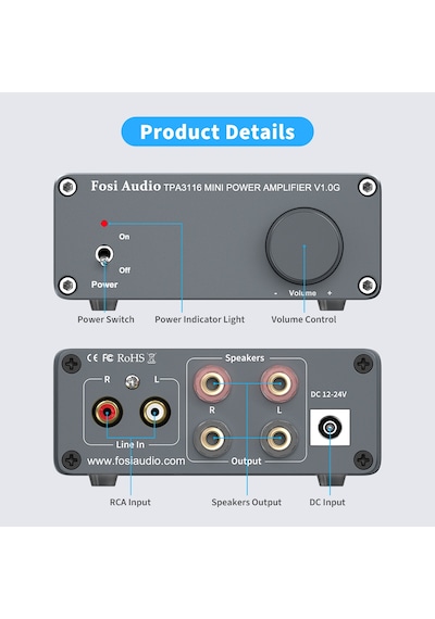 Fosi Audio V1.0G 2 Kanallı Stereo Ses Sınıfı D Amplifikatör Mini Hi-Fi