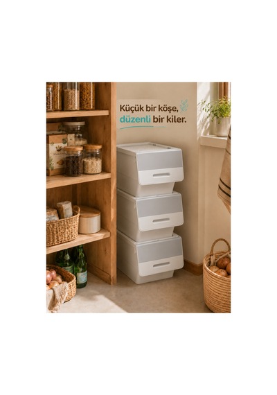 3 Katlı Tekerlekli Kapaklı Saklama Kutusu, Eşya Ve Erzak Organizer 3x12 Litre Gri Gri Gri