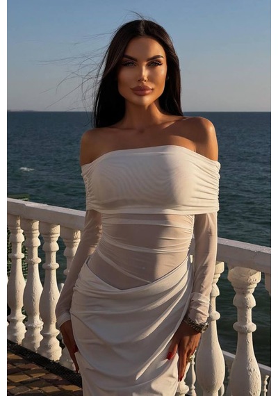 Polina Şeffaf Uzun Kol Elbise - Beyaz