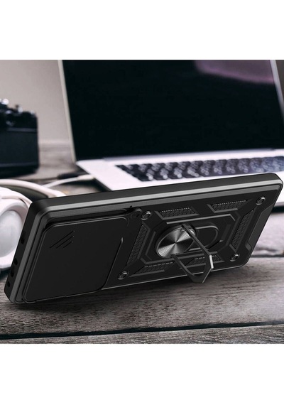 Tecno Camon 30 Pro 5g Kılıf Magnetik Standlı Kamera Korumalı Sürgülü Vega Kapak Siyah