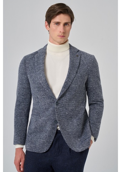 Morven Erkek Marine Örme Trend Ekoseli Slim Fit Mono Yaka Ceket 26ks002003210 Marine