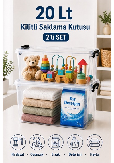 2'li Set 20 Lt Kilitli Saklama Kutusu Çok Amaçlı Düzenleyici Kiler Erzak Hırdavat Oyuncak Organizer