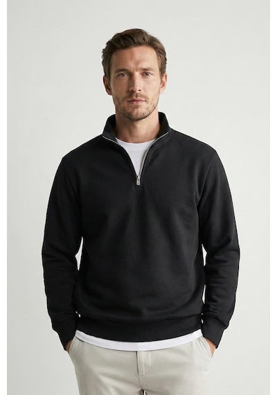 Elemge Pamuklu Erkek Sweatshirt Siyah Soft Touch Relax Fit Yarım Fermuarlı Dik Yaka 3 Iplik Nefes Alan