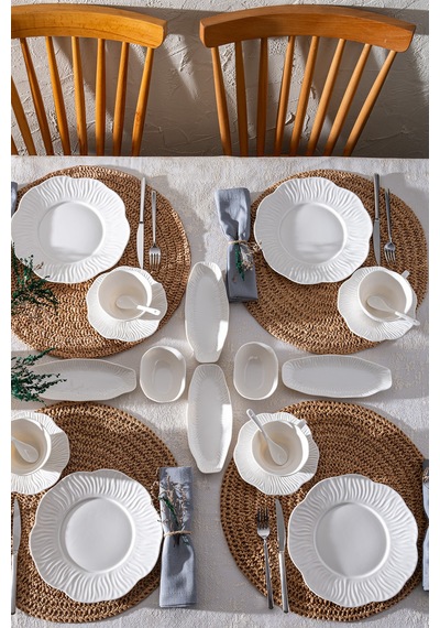 Flowery Porselen 30 Parça 6 Kişilik Kahvaltı Takımı Beyaz