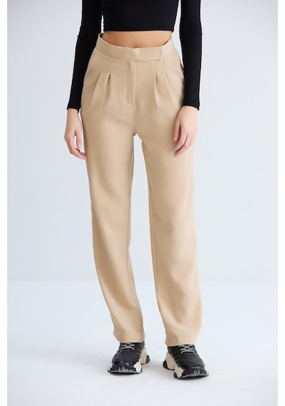 Sortie Collection Kemeri Cırtlı Keten Pantolon Vizon-vizon Vizon