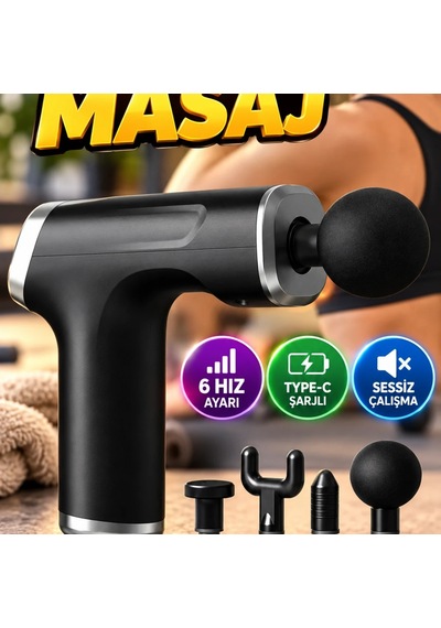 Şarjlı Mini Masaj Tabancası 4 Başlıklı Masaj Aleti 6 Hız Ayarı Ve Type-c Şarjlı