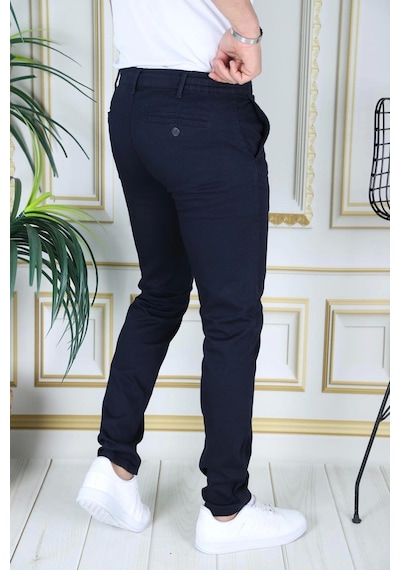 Phantom Jeans Erkek Lacivert Slim Fit Esnek Likralı Armürlü Keten Pantolon Bağcıklı Kemerli Beli Lastikli Şık Pant Lacivert