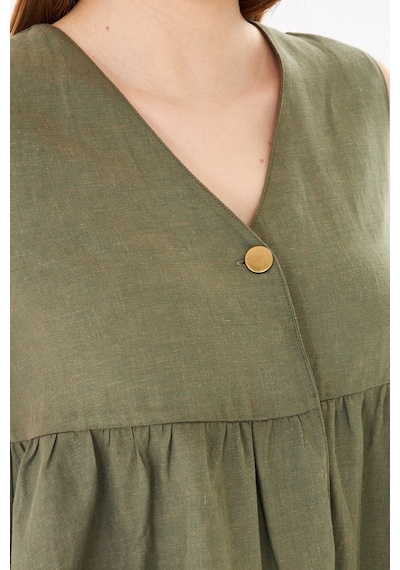 Sortie Collection V Yaka Tek Düğmeli Peplum Haki Keten Bluz