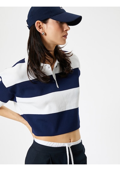 Koton Polo Yaka Kazak Oversize Kısa Kollu Lacivert Çizgili 4sak90104ht Lacivert