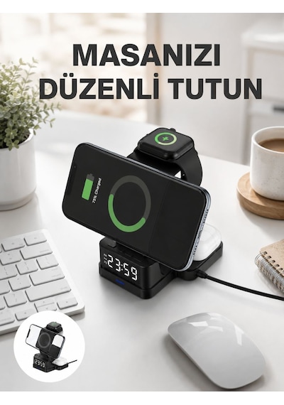 Kablosuz Şarjlı Dijital Masa Saati 3 Parlaklık Seviyeli Led, Hızlı Şarj Yeni Nesil Çok Renkli