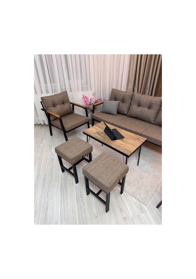 Houseart Balkon, Bahçe - Metal Kanepe Koltuk Takımı 3+1+1 + 2 Adet Puf + Sehpa Cappuccino Houseart Balkon, Bahçe - Metal Kanepe Koltuk Takımı 3+1+1 + 2 Adet Puf + Sehpa Cappuccino