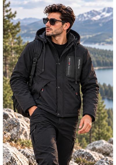 Luxic Core Luxıc Core Erkek Kürklü Kapüşonlu Softshell Kışlık Mont Siyah M