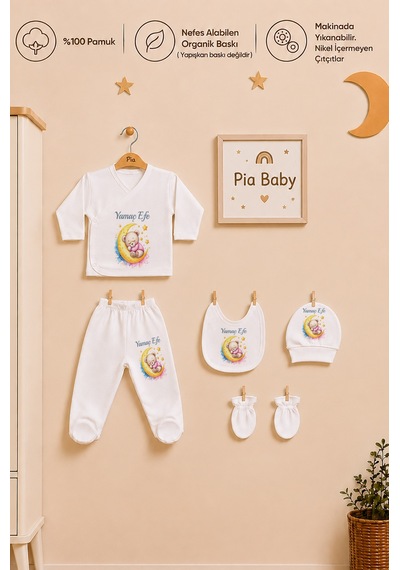 Pia Baby Kişiye Özel Erkek Bebek Zıbın Seti 5'li %100 Pamuk İsimli Organik Baskılı 1109z3x Krem