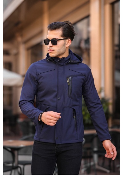 Erkek Mavi Kapüşonlu Softshell Su Ve Rüzgar Geçirmez Içi Kürklü Mont Lacivert