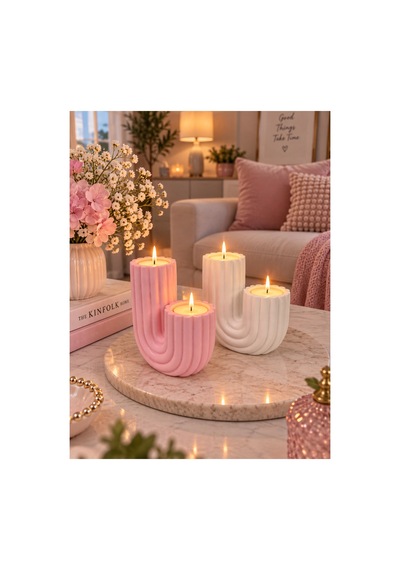 Pembe - Beyaz Kaktüs Dekoratif Mumluk 2li Set Pembe Beyaz