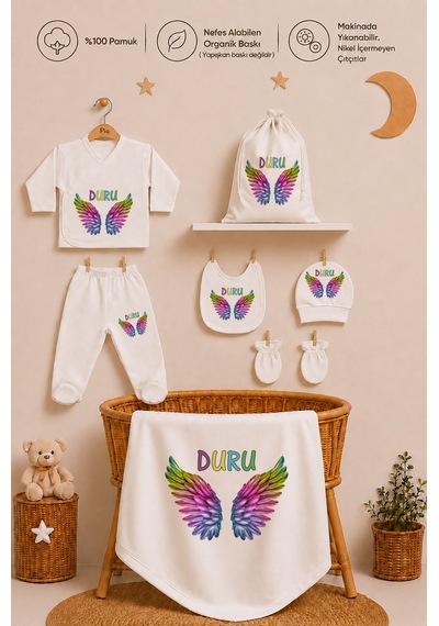 Pia Baby Kız Bebek Hastane Çıkışı 8 Parça İsme Özel Hediye Keseli Zıbın Seti %100 Pamuk Organik Baskı 2051zybk0x Krem