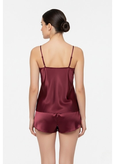 Bordo Dantel Detaylı İp Askılı Saten Şort Pijama Takım