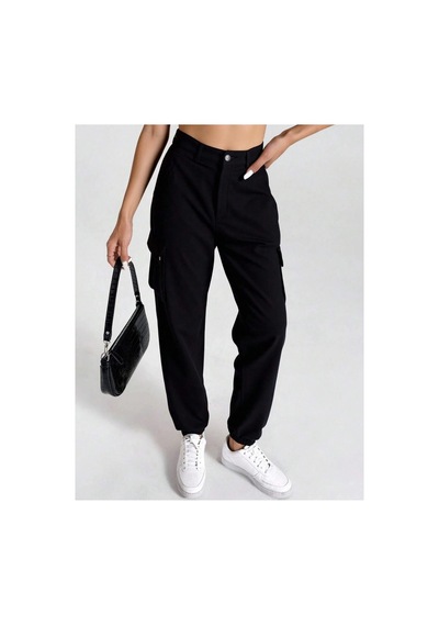Kene Jeans Yüksek Bel Siyah Paça Lastik Kargo Cepketen Mom Pantolon Siyah