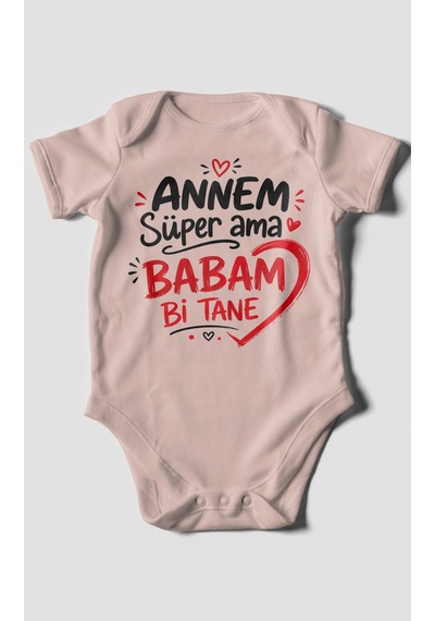 Morivokids Annem Süper Ama Babam Bi Tane Kısa Kollu Bebek Body %100 Pamuk Pastel Pembe