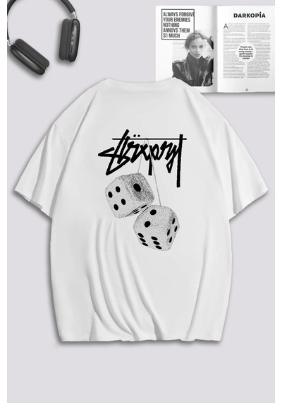 Unisex Kadın Erkek Grafitti Zar Baskılı Özel Tasarım Oversize T-shirt Beyaz Mck0067 Beyaz