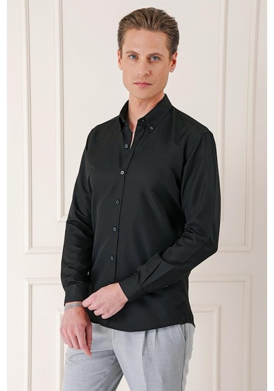 Efor Slim Fit Düğmeli Yaka Dokulu Pamuklu Klasik Siyah Gömlek Gk 717 Siyah