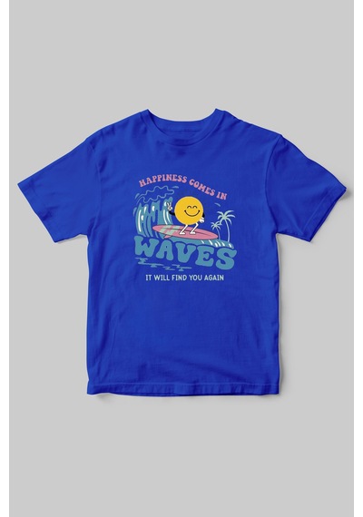 Denizde Sörf Güneş Baskılı Yazlık %100 Pamuk Mavi T-shirt Saks Mavi