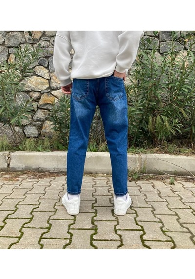 Koyu Mavi Efektli Boyfriend Pantolon Mavi