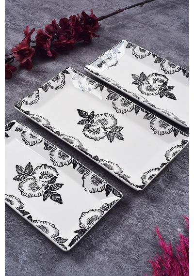 Piatti Naturali 3 Lü Black Rose Seramik Kahvaltı Salata Çerezlik Seti Kayık Tabak