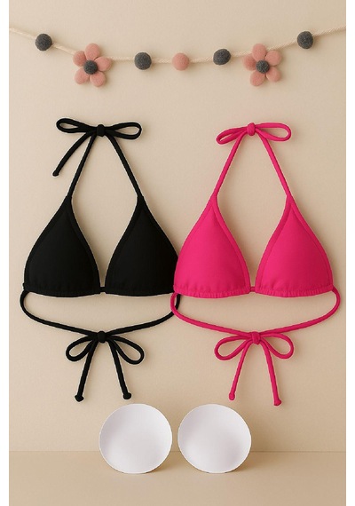 Modi Kadın Siyah Ve Fuşya Minimal Kesim Üçgen Bikini Üstü