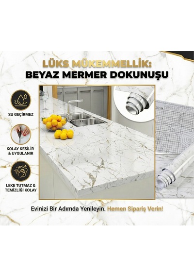 Duvar Kağıtları Beyaz Mermer Desenli Yapışkanlı Tezgah Folyosu 3 Mt.x 60 Cm