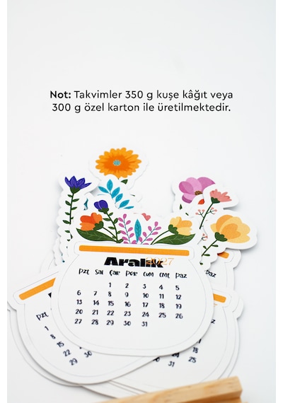 Ahşap Standlı Özel Kesim Saksı Çiçekleri Tasarımlı 2027 Masaüstü Takvimi 8x11 Cm - Zarif Yeni Yıl Hediyesi Çok Renkli