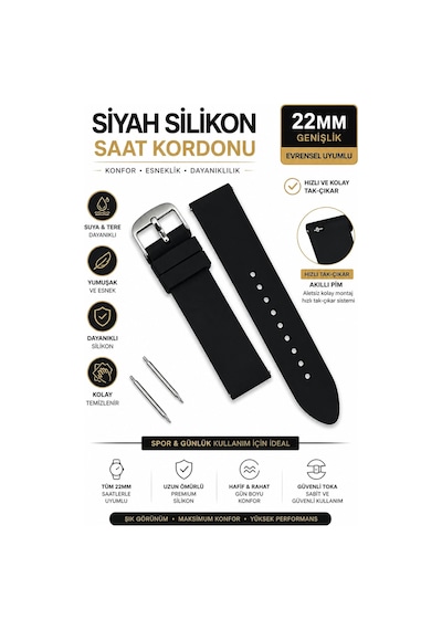 Samsung Galaxy 46mm Uyumlu 22mm Kauçuk Yumuşak Siyah Silikon Saat Kordonu Kayışı Diğer