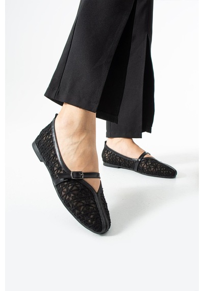 Dabab Shoes Marvena Kadın Siyah Çapraz Bantlı Dantel Detaylı Şeffaf Dokulu Babet