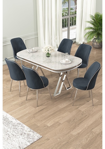 Canisa Lai Serisi 90x168 Lak Panel Beyaz Mermer Desen Krom Ayak Masa Takımı 6 Antrasit Sandalye Beyaz Mermer Desen Masa Sandalyeler Antrasit