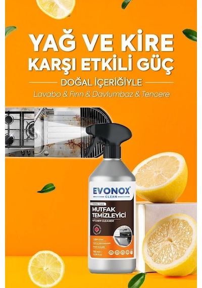 Evonox Clean Ultra Güçlü Mutfak Yüzey Temizleyici Ve Yağ Sökücü Limon Kokulu Sprey 750 Ml Tekli