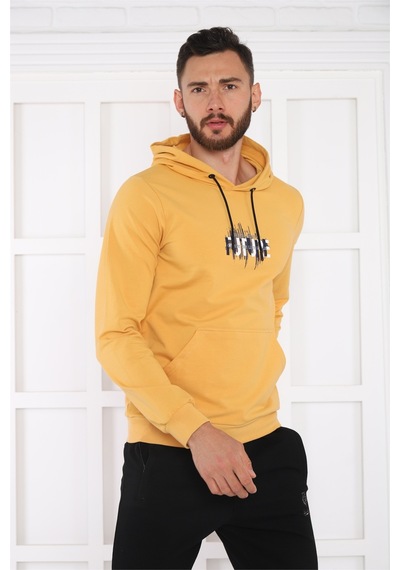 Escetic Spor Erkek Hardal Cepli, Kapüşonlu Sweatshirt-4169 Hardal