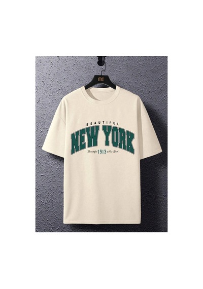Tarzsokak Göğüs Mega New York Baskılı Oversize Erkek T-shirt Bej
