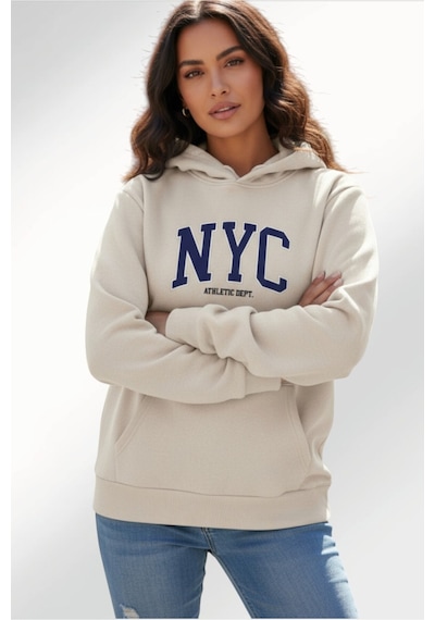 Uyguntarz Unisex Nyc Tasarım Baskılı Kapüşonlu Sweatshirt Bej