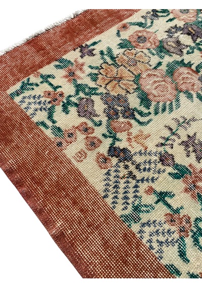 El Dokuma Eskitme Vintage Halı 118x208 Çiçekli Turuncu Retro Halı Turuncu