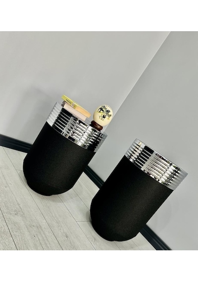 Elegant Dekoratif Krom Darbuka Siyah Saksı 70cm + Sehpa 60cm İkili Set