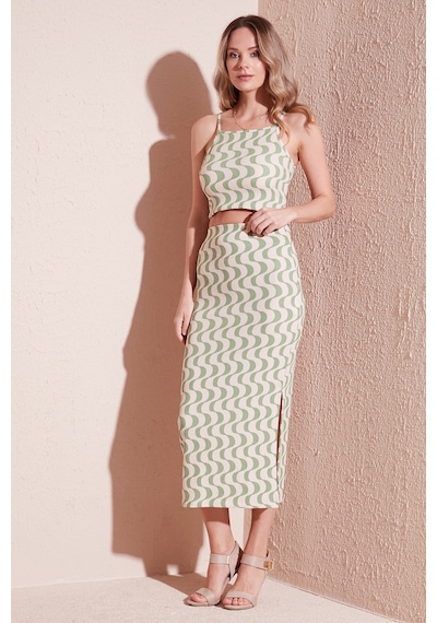 Lela Slim Fit Ip Askılı Yırtmaçlı Bayan Takım 5865278 Yeşil-Beyaz