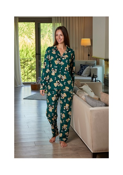 Estiva Kadın Ayıcık Desenli Önden Düğmeli Süet Pijama Takımı Yeşil