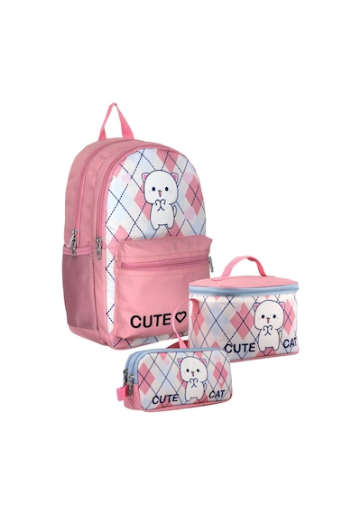 Cennec Setumt5024a Üçlü İlkokul Çanta Seti Beyaz Pembe - Love Cute Cat - Kız Çocuk Pembe - Beyaz